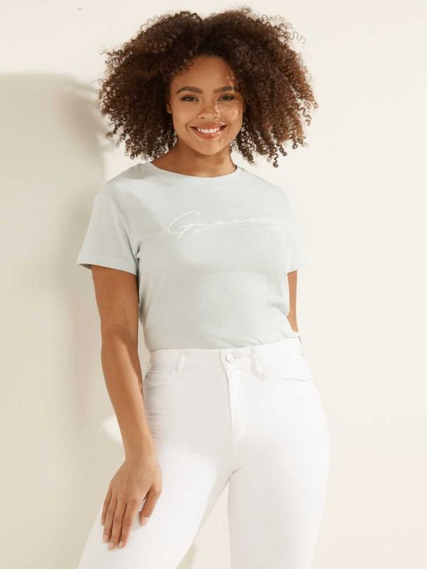AZURE Women's Guess Eco Amelia Logo T-shirt Australia Sale | 395YMPSIX