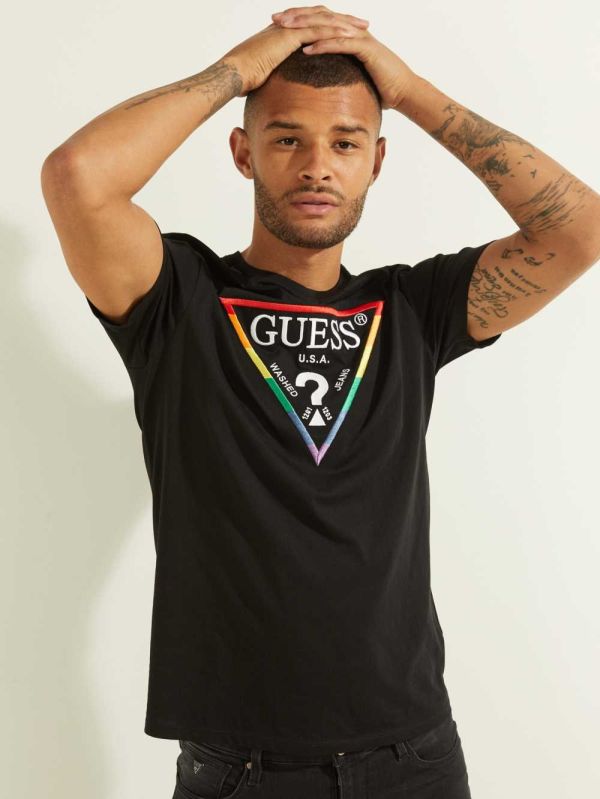 Black Men's Guess Embroidered Rainbow Logo T-shirt Australia Sale | 926XNKFYU