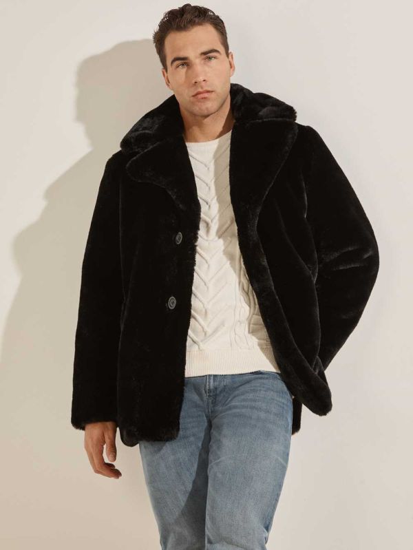 Black Men's Guess Faux-Fur Coats Australia Sale | 041WHXBDU