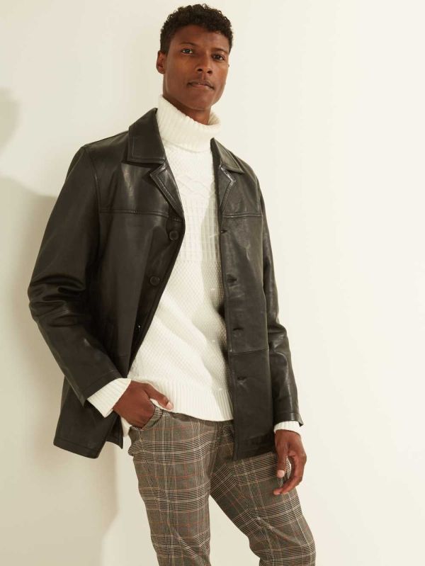 Black Men's Guess Leather Car Coats Australia Sale | 385SJGDQC