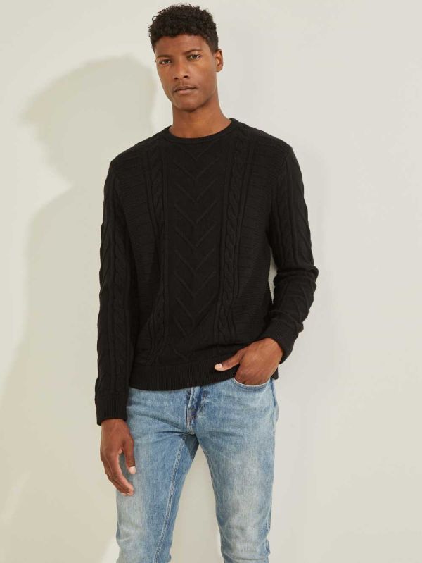 Black Men's Guess Liam Mixed Cable Sweaters Australia Sale | 802ECYUZN