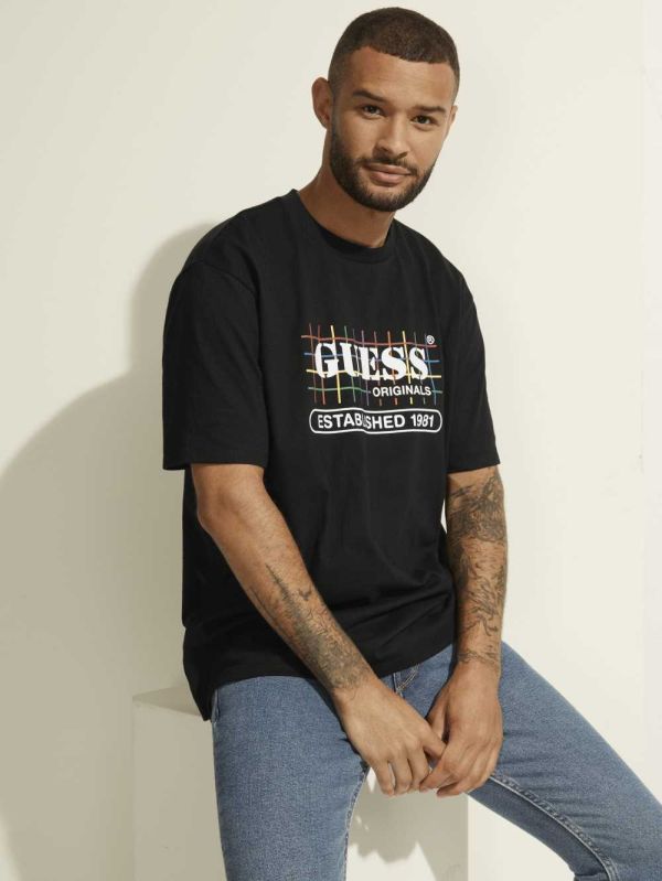 Black Men's Guess Originals Rainbow Grid T-shirt Australia Sale | 947KWDXIP
