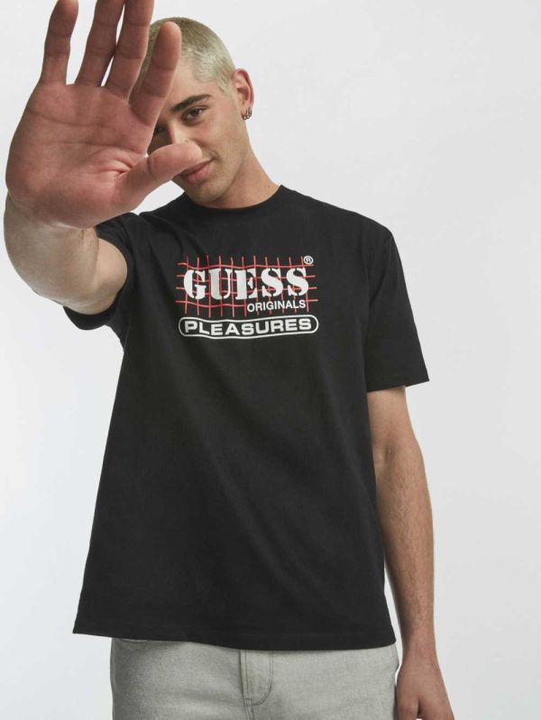 Black Men's Guess Originals x PLEASURES Logo T-shirt Australia Sale | 517SIBNHO