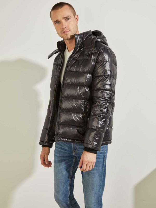 Black Multicolor Men's Guess Anthony Logo Puffer Jackets Australia Sale | 402UEOAFJ