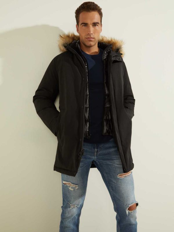 Black Multicolor Men's Guess Brian Faux-Fur Hooded Coats Australia Sale | 324MYGHFS