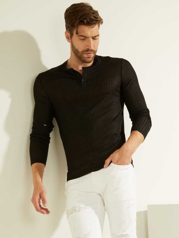 Black Multicolor Men's Guess Warehouse Long-Sleeve Henley T-shirt Australia Sale | 798CMZGHN