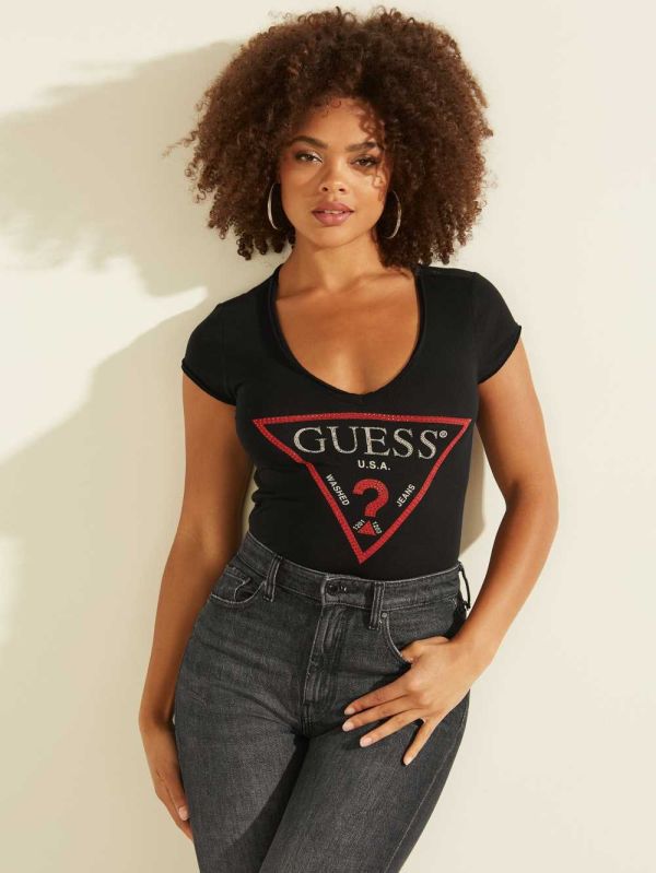 Black Multicolor Women's Guess Bling Logo T-shirt Australia Sale | 743CMIVQX