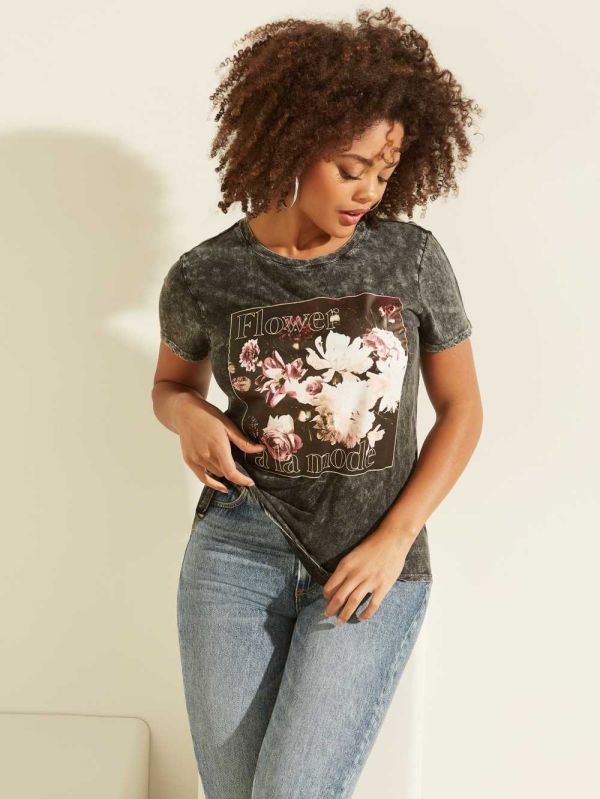 Black Multicolor Women's Guess Eco Flower A La Mode Easy T-shirt Australia Sale | 913RMFDYV