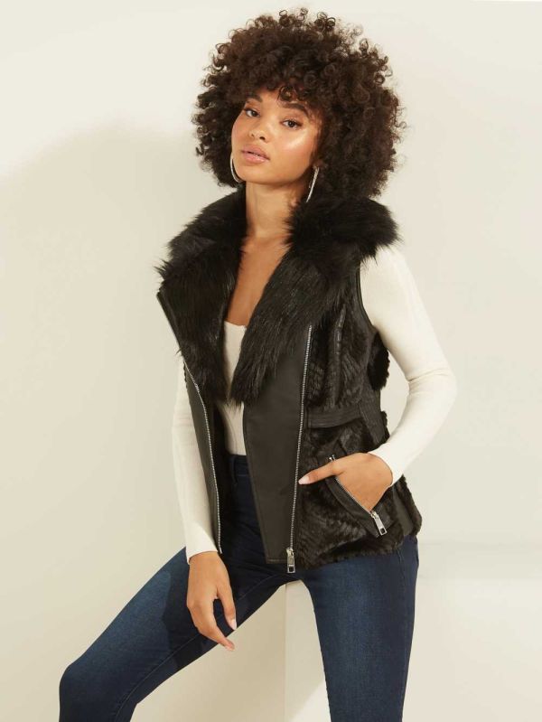 Black Multicolor Women's Guess Faux-Fur Moto Vest Australia Sale | 015PJXHKS