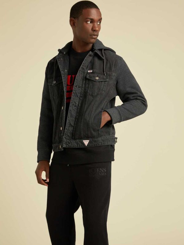 Black Wash Men's Guess Originals Hooded Denim Jackets Australia Sale | 289FIZEKT