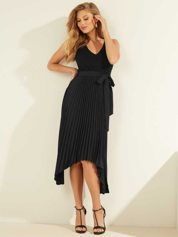 Black Women's Guess Erynn Pleated Dresses Australia Sale | 832DYFLQN