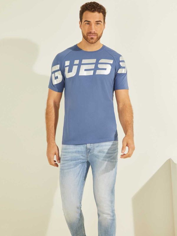 Blue Men's Guess Eco Arden Logo T-shirt Australia Sale | 103MIKTUY