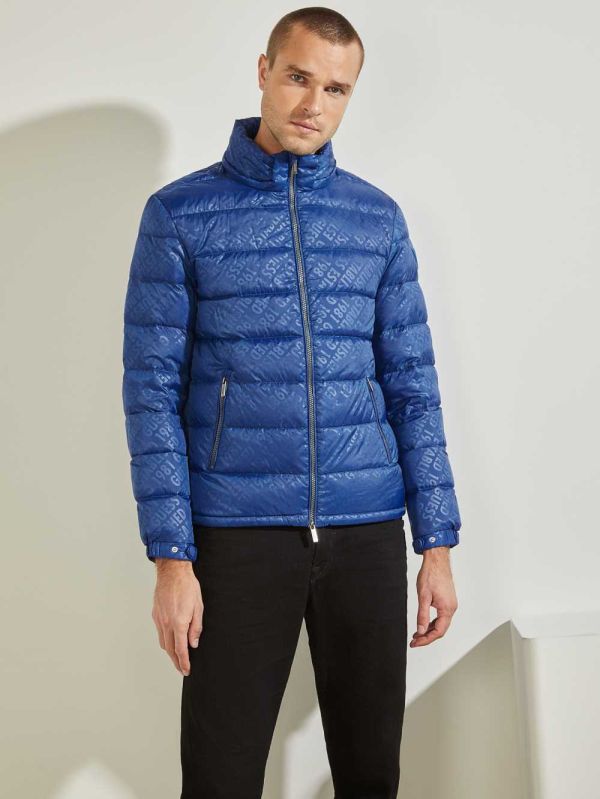 Blue Men's Guess Logo Down Puffer Jackets Australia Sale | 160NOYDJR