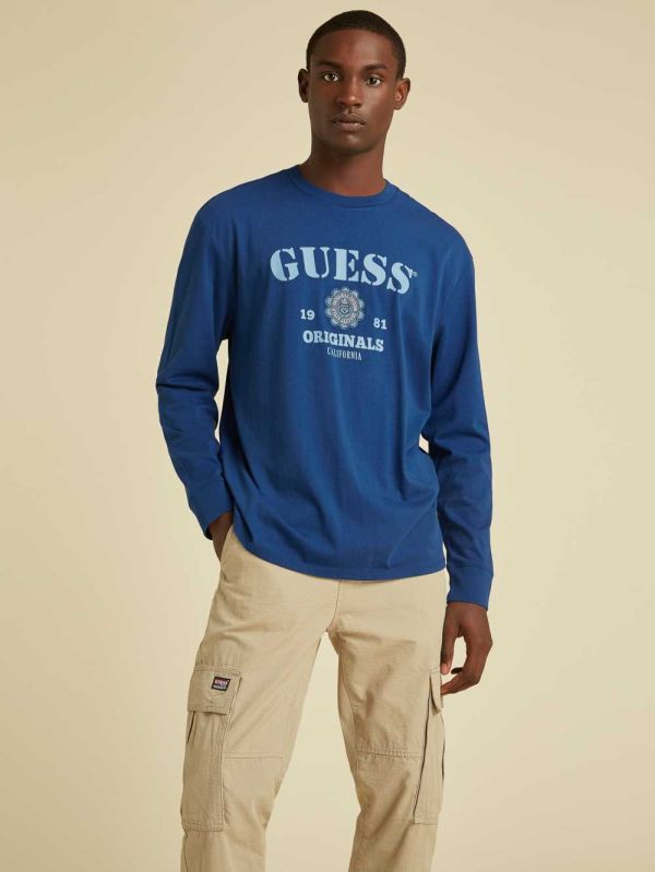 Blue Men's Guess Originals Logo Long Sleeve T-shirt Australia Sale | 310OSZRYJ