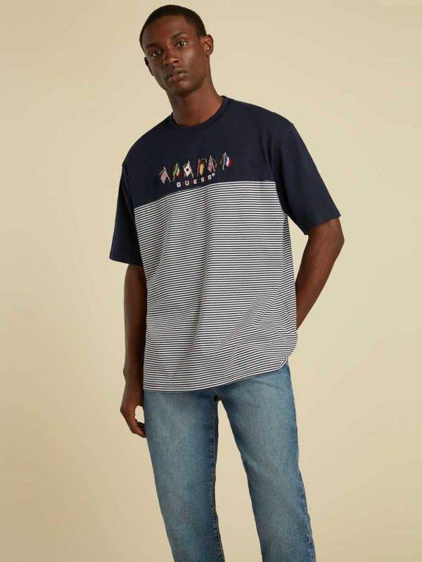 Blue Men's Guess Striped Summer Games T-shirt Australia Sale | 659LGTVNQ