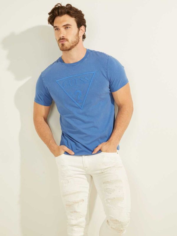 Blue Multicolor Men's Guess Embroidered Logo T-shirt Australia Sale | 160DVSOMW