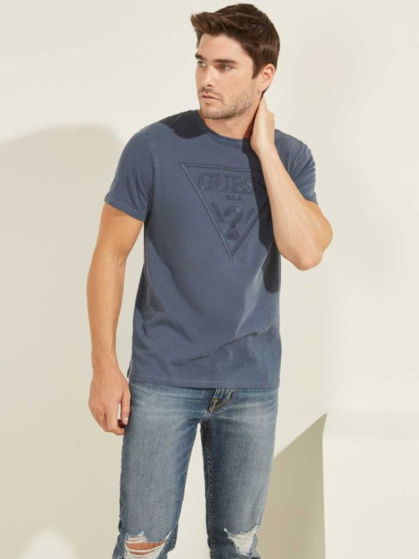 Blue Multicolor Men's Guess Embroidered Logo T-shirt Australia Sale | 256HXLMZR