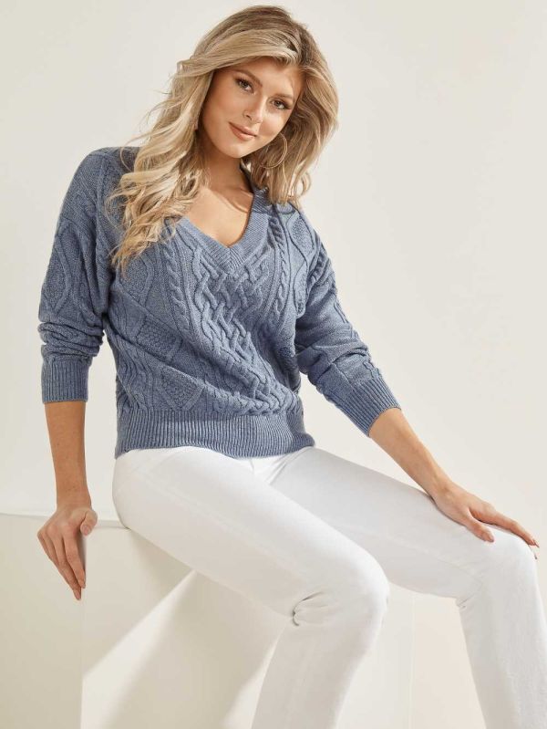Blue Multicolor Women's Guess Noemi Cable Knit Sweaters Australia Sale | 762LXQGJI