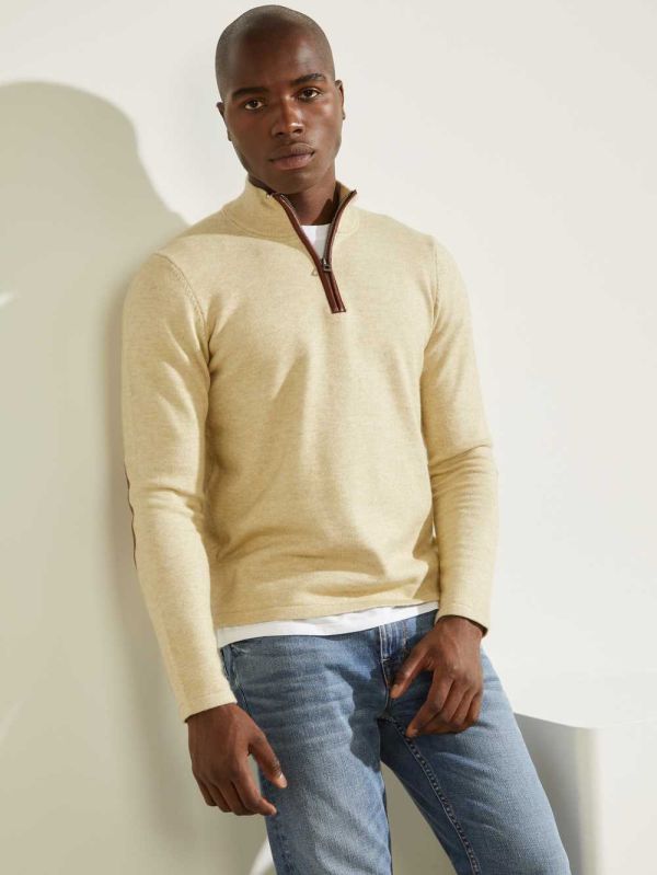 Blue Orange Multicolor Men's Guess Faux-Leather Trim Zip Sweaters Australia Sale | 765HFPMNG