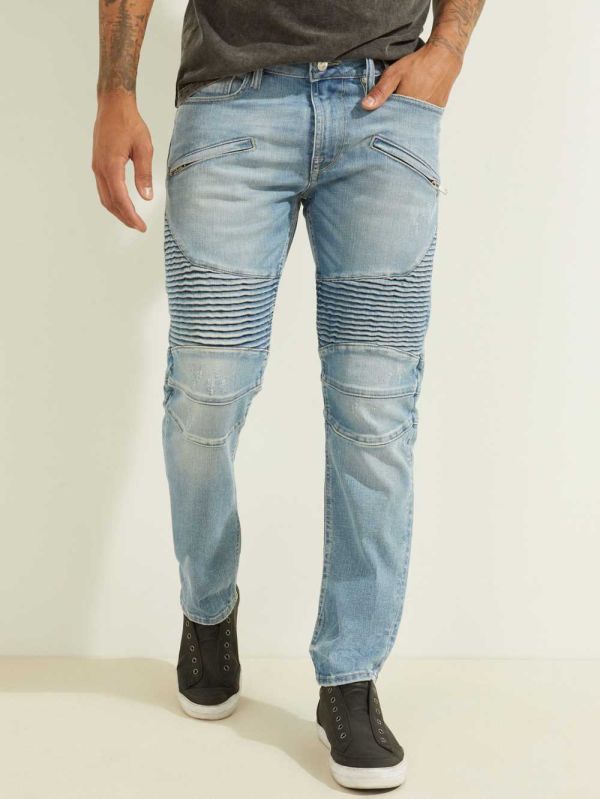 Blue White Men's Guess Slim Tapered Pintuck Moto Jeans Australia Sale | 508SPRNXD
