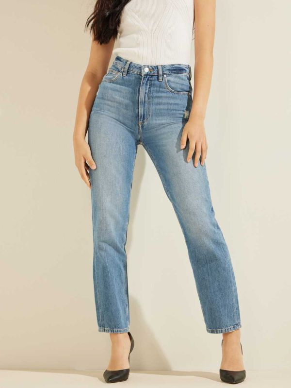 Blue White Women's Guess Distressed Mom Jeans Australia Sale | 368IKDEVX