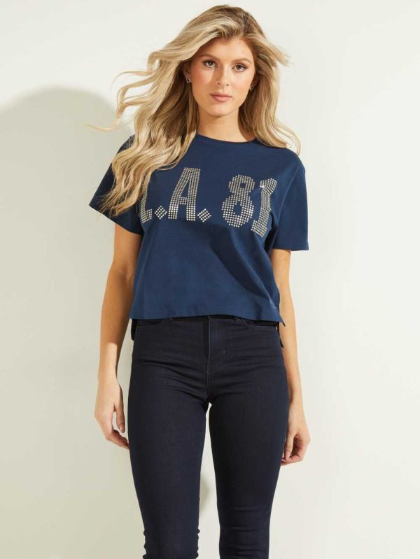 Blue Women's Guess Arrieta T-shirt Australia Sale | 538JHAINP