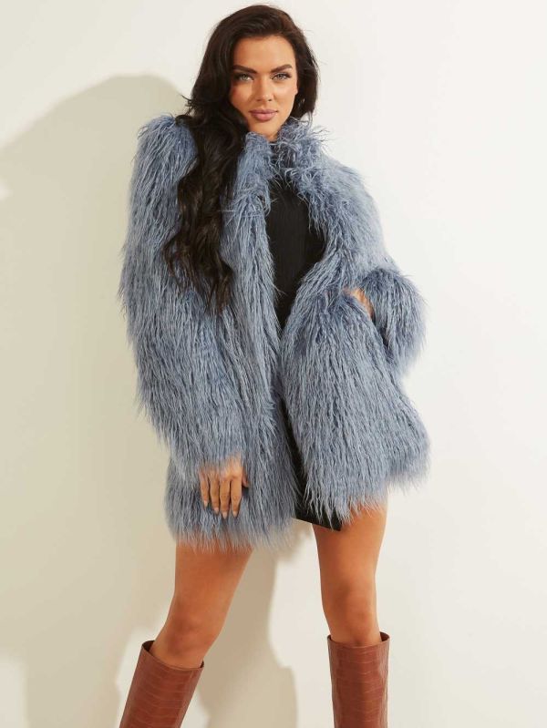 Blue Women's Guess Maurizia Shaggy Faux-Fur Coats Australia Sale | 581JHCRKQ