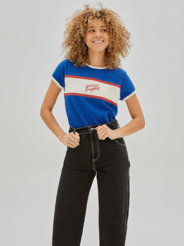 Blue Women's Guess Originals Ringer Baby T-shirt Australia Sale | 976OLJUTW