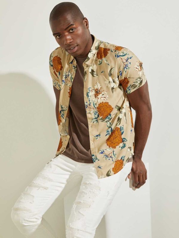 Brown Men's Guess Eco Cascade Floral Shirts Australia Sale | 207DWPMTR