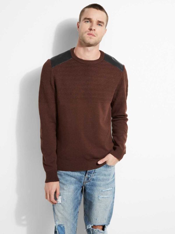 Brown Men's Guess Liam Herringbone Contrast Sweaters Australia Sale | 937NWVQTH