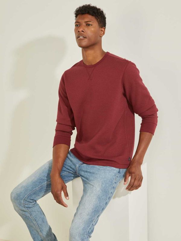 Burgundy Men's Guess Hudson Waffle T-shirt Australia Sale | 389CBEYDQ