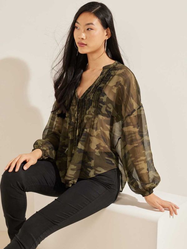 Camo Green Women's Guess Eco Diamante Blouse Australia Sale | 056PZMBLU