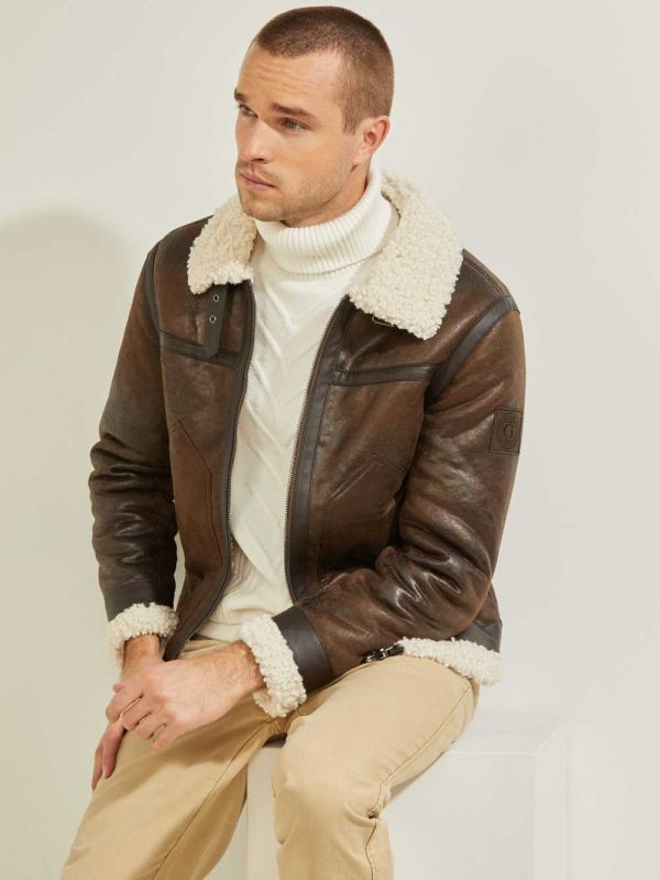 Chocolate Brown Men's Guess Aviator Shearling Jackets Australia Sale | 149JNVBYK