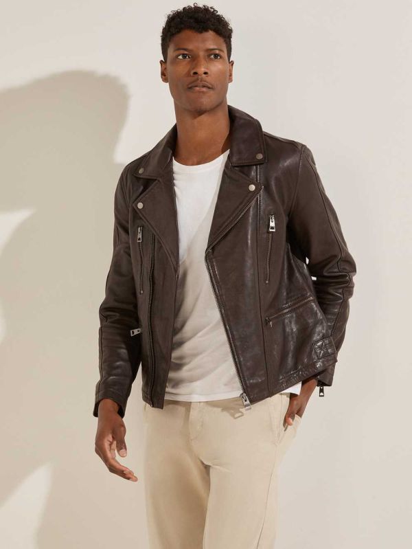 Chocolate Brown Men's Guess Leather Biker Jackets Australia Sale | 319FACZNP