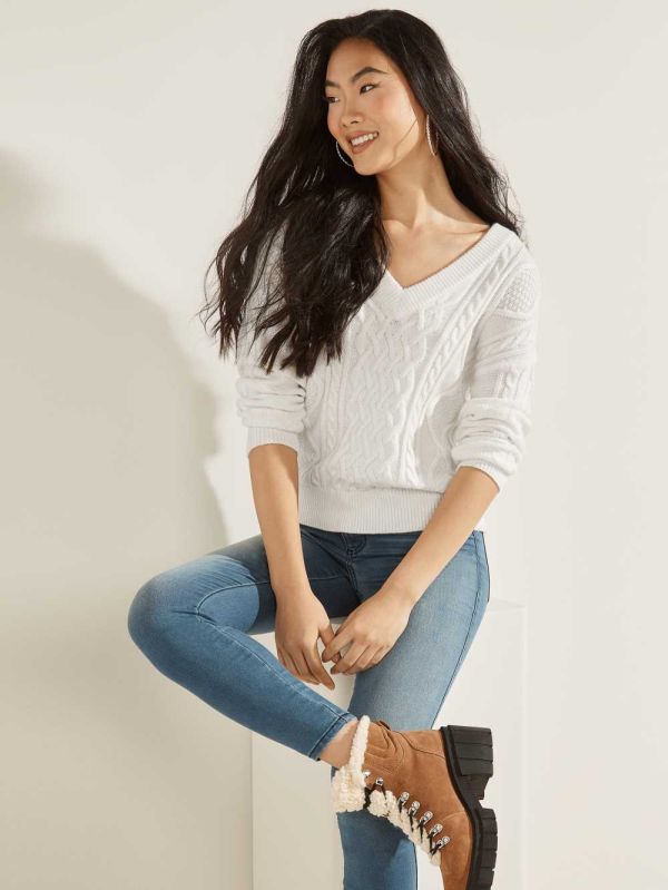 Cream White Women's Guess Noemi Cable Knit Sweaters Australia Sale | 325FSGJMP