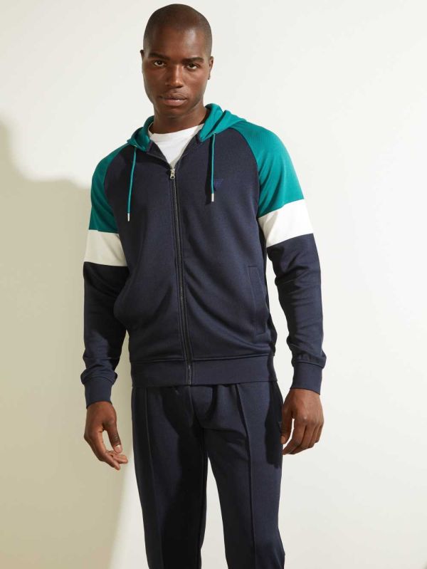 Dark Blue Men's Guess Eco Phil Color-Block Zip-Up Hoodie Australia Sale | 210MGVECT