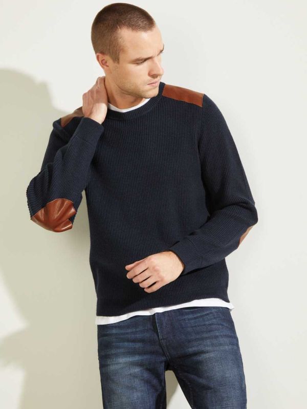 Dark Blue Men's Guess Liam Leather Patch Sweaters Australia Sale | 089SYLNGA