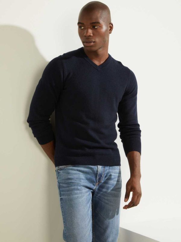 Dark Blue Men's Guess Owen V-Neck Sweaters Australia Sale | 168GEAZYM