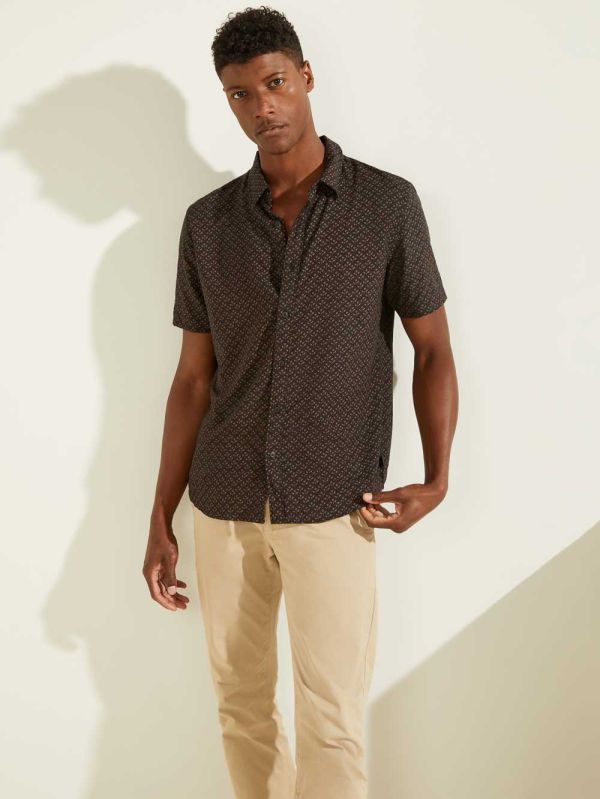 Dark Grey Men's Guess Eco Shore Print Shirts Australia Sale | 396KTOJVQ
