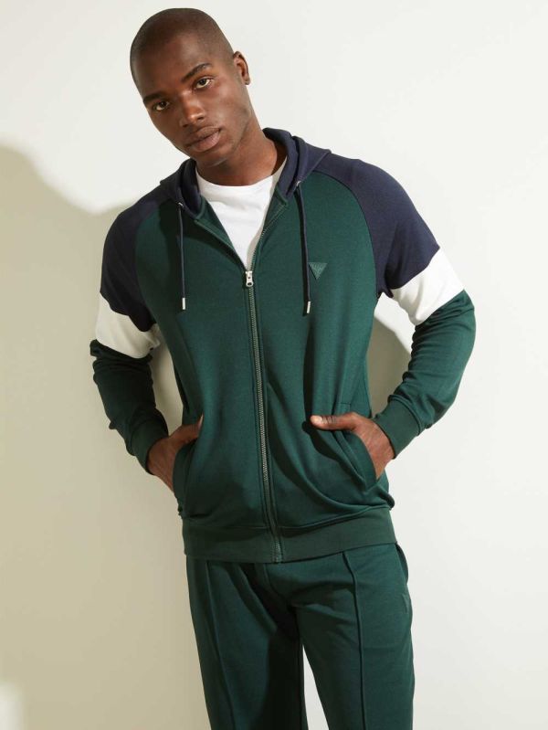 Deep Green Men's Guess Eco Phil Color-Block Zip-Up Hoodie Australia Sale | 530NGDTIZ