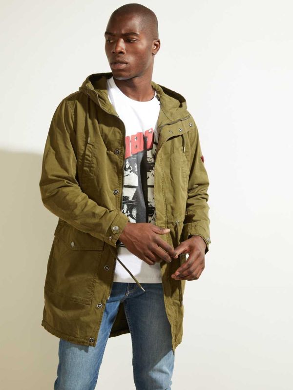 Deep Green Multicolor Men's Guess Twill Parka Jackets Australia Sale | 487TEZJQR