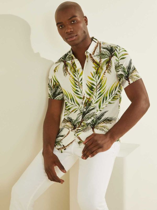 Green Men's Guess Greenleaf Printed Shirts Australia Sale | 697HATRVL