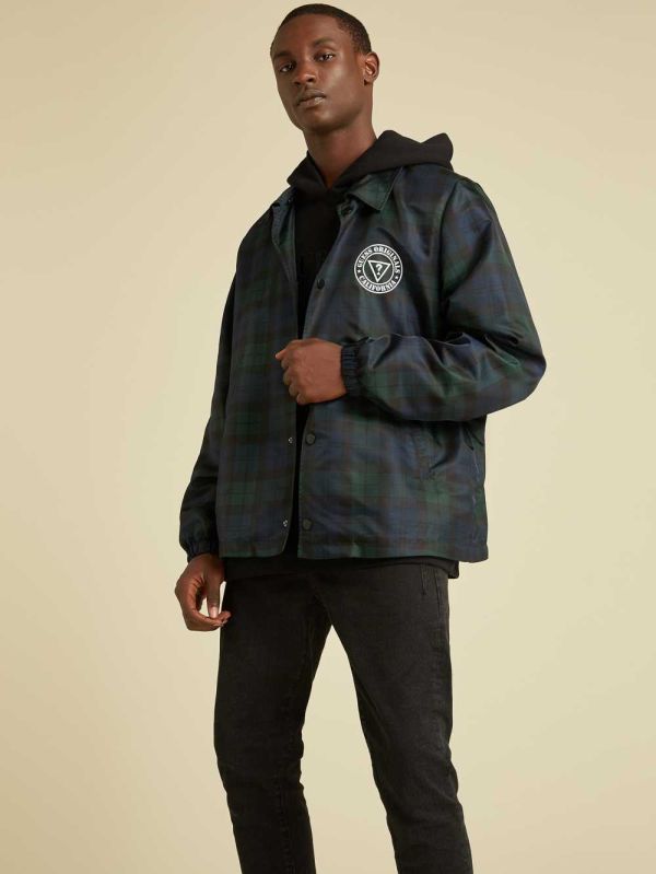 Green Multicolor Men's Guess Originals Plaid Coach Jackets Australia Sale | 758LBHQOU