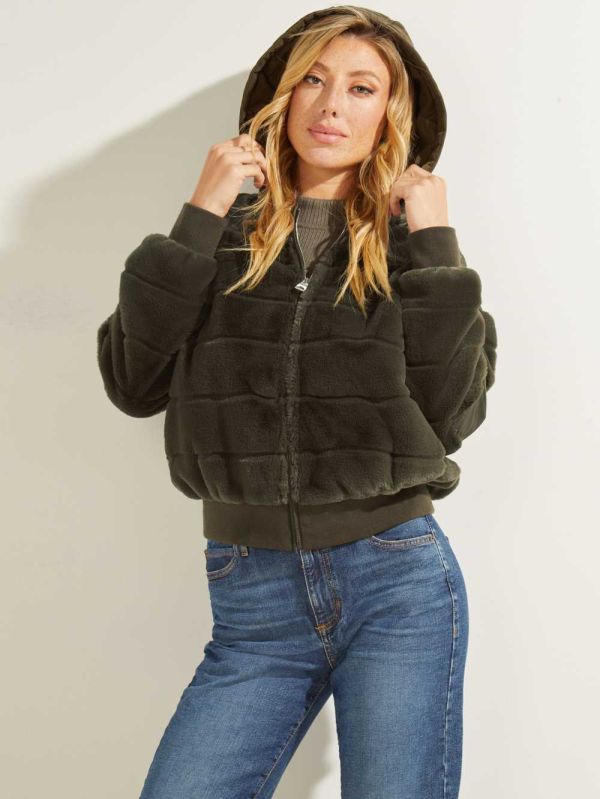 Green Multicolor Women's Guess Felicia Faux-Fur Bomber Jackets Australia Sale | 359VMJAET