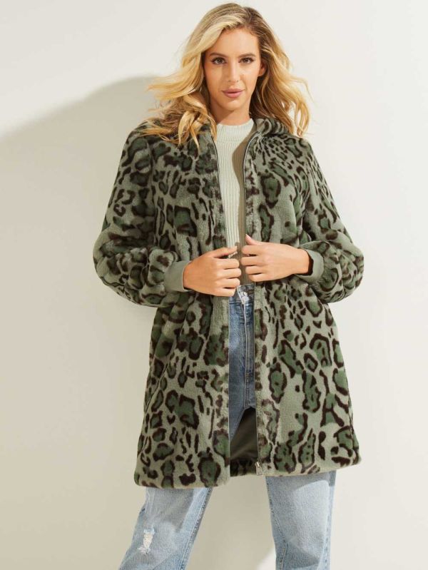 Green Olive Women's Guess Fernanda Leopard Faux-Fur Coats Australia Sale | 301PEYGFU