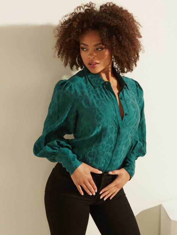 Green Women's Guess Raven Button-Up Shirts Australia Sale | 612DHWIMR