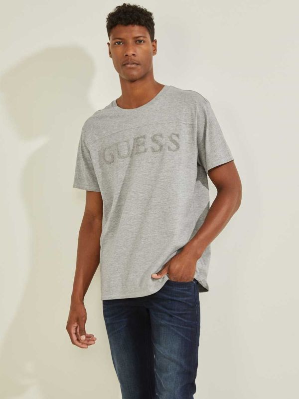 Grey Men's Guess Chenille Logo T-shirt Australia Sale | 846VBPUAE
