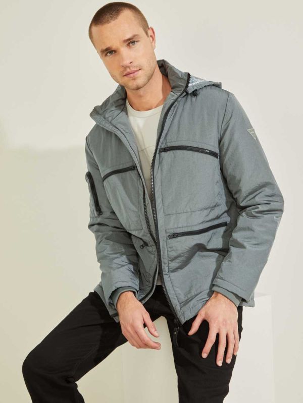 Grey Men's Guess Ross Hooded Puffer Jackets Australia Sale | 204XUPGHL