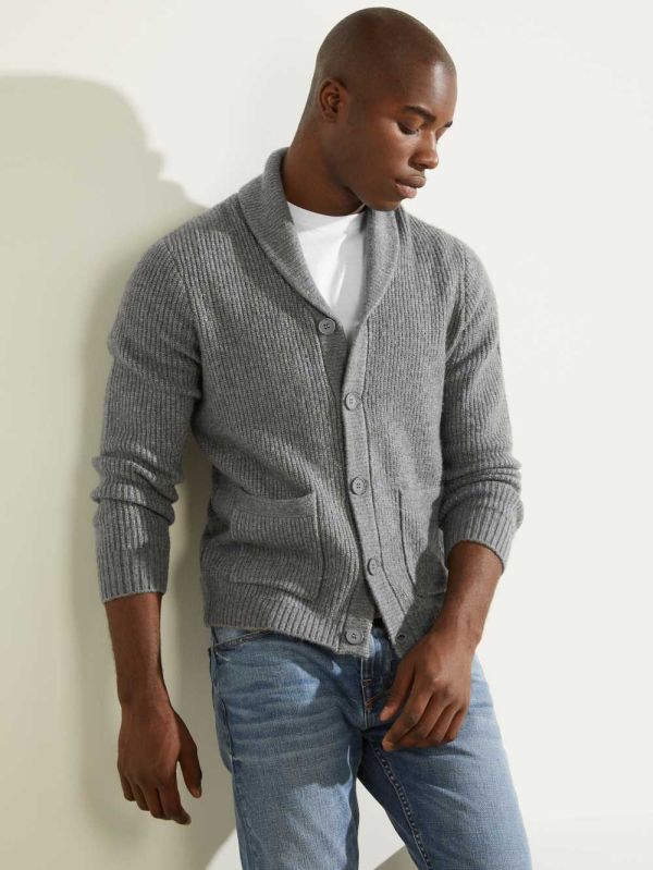 Grey Multicolor Men's Guess Declan Shawl Cardigan Sweaters Australia Sale | 407OVNXYG