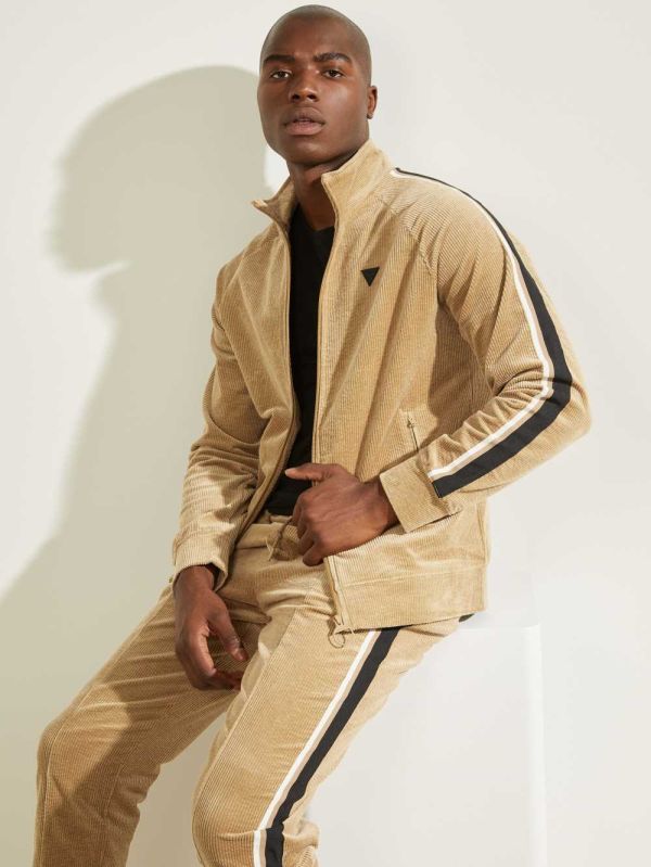 Khaki Men's Guess Myron Corduroy Zip-Up Jackets Australia Sale | 910UCTXIR